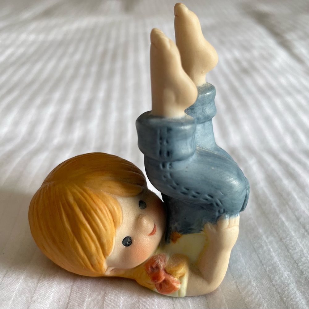 Enesco 1981 PlayfulCeramic Figurine - Auburn Hair, Blue Jeans, Cream Skin